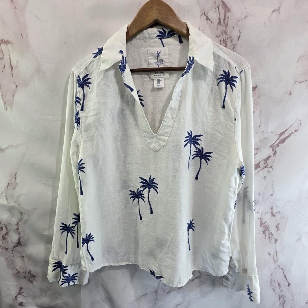 Calypso St Barth Shirt Womens Medium Linen White Blue Long Sleeve Notch Palm